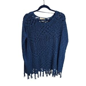 Davina Blue Crochet Knit Fringe Tassel Poncho Sweater‎ Top Beach Boho Womens O/S